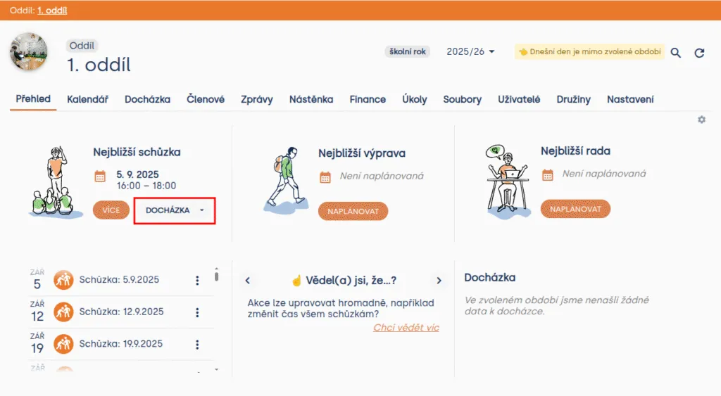 Přehled oddílu s kartou Nejbližší schůzka a zvýrazněným tlačítkem „Docházka“ pro rychlé vyplnění docházky
