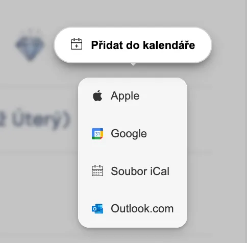 Nabídka „Přidat do kalendáře“ s možnostmi Apple, Google, Soubor iCal a Outlook.com