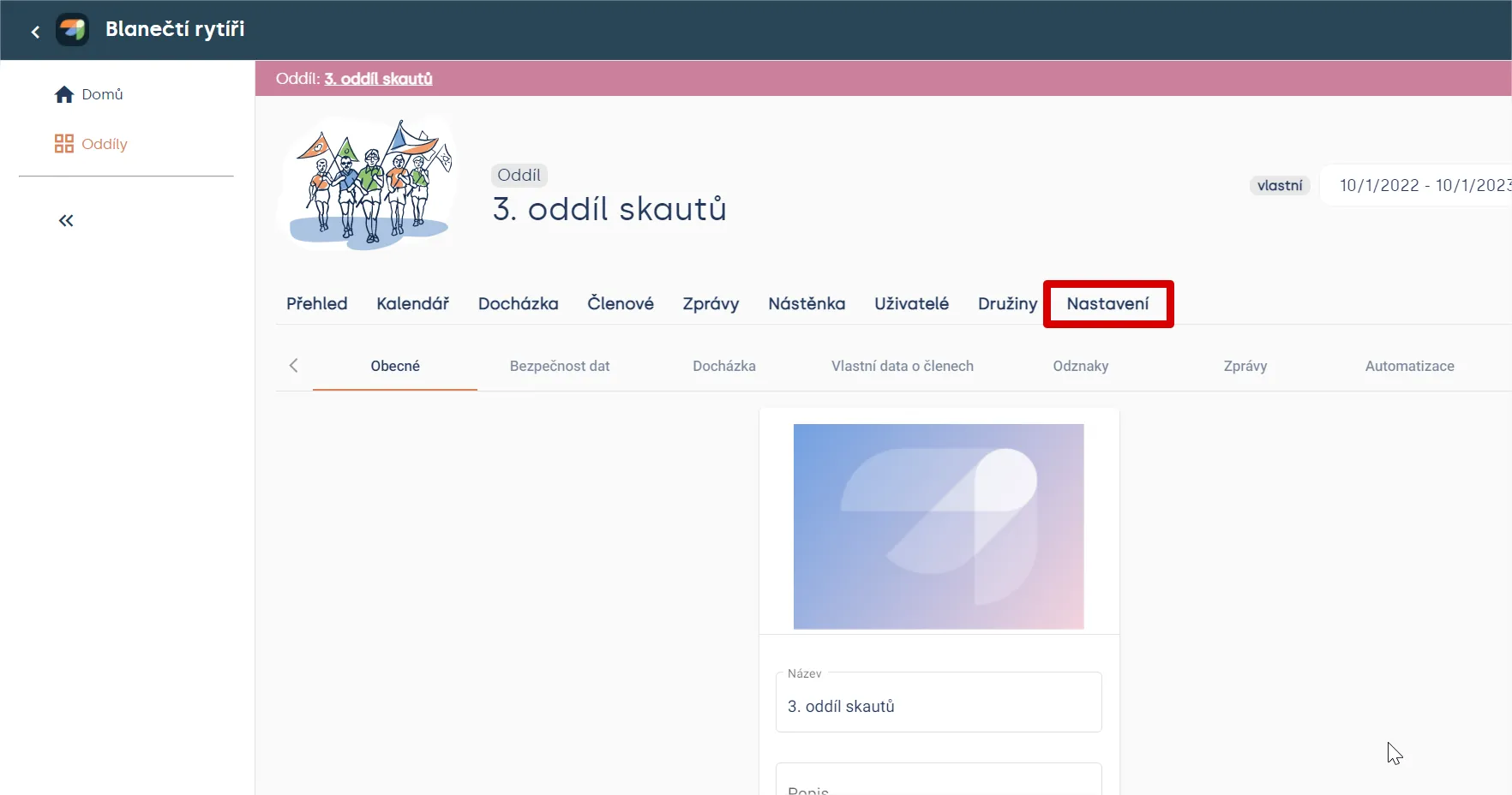 Stránka oddílu „3. oddíl skautů“ se zvýrazněnou záložkou „Nastavení“ a podzáložkou „Obecné“ s názvem oddílu