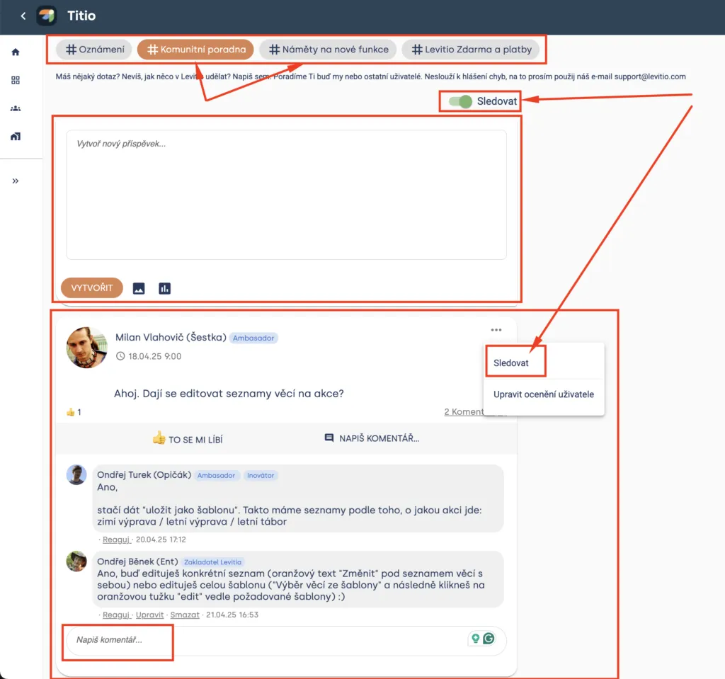 Levitio nástěnka s kanály, přepínačem „Sledovat“, polem pro nový příspěvek a příspěvkem s komentáři
