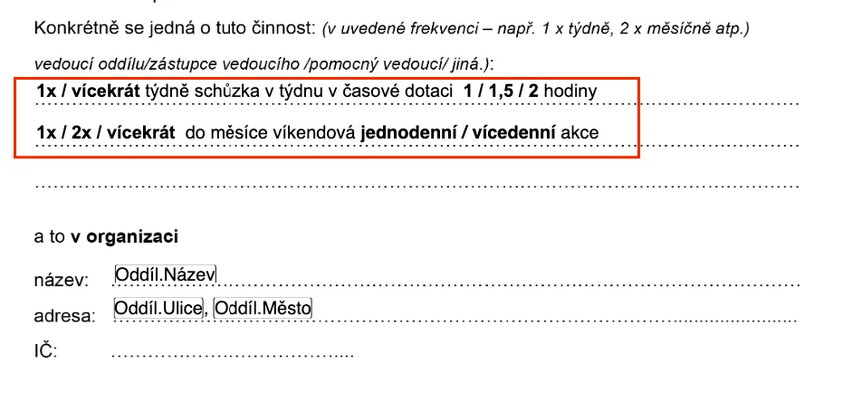 Úryvek žádosti o volno s červeně orámovanou frekvencí schůzek a akcí a zástupnými poli s údaji o oddílu