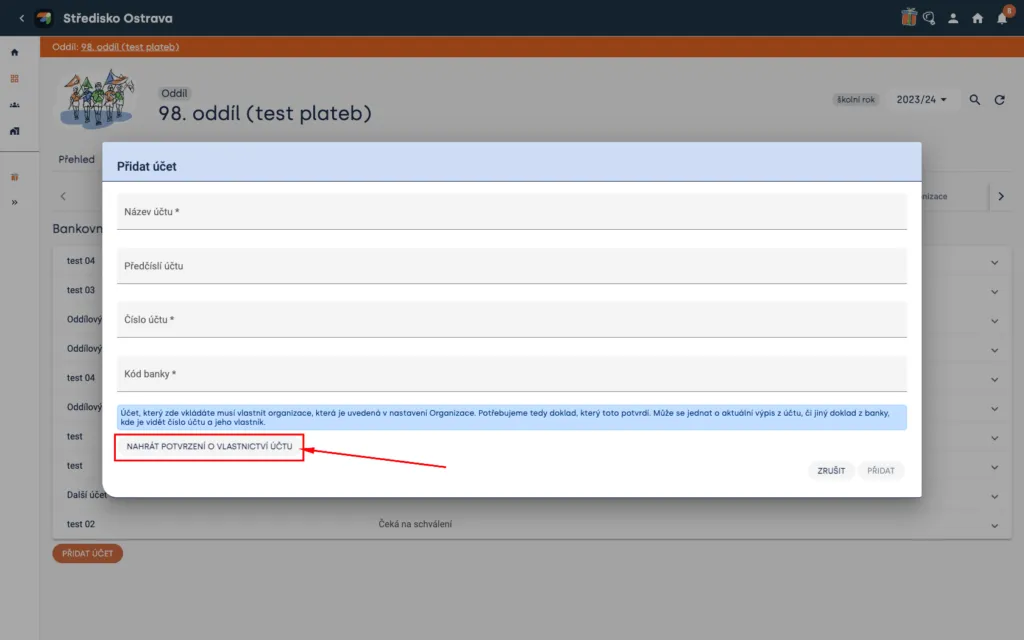 Dialog „Přidat účet“ s poli pro údaje o účtu a zvýrazněným tlačítkem „Nahrát potvrzení o vlastnictví účtu“