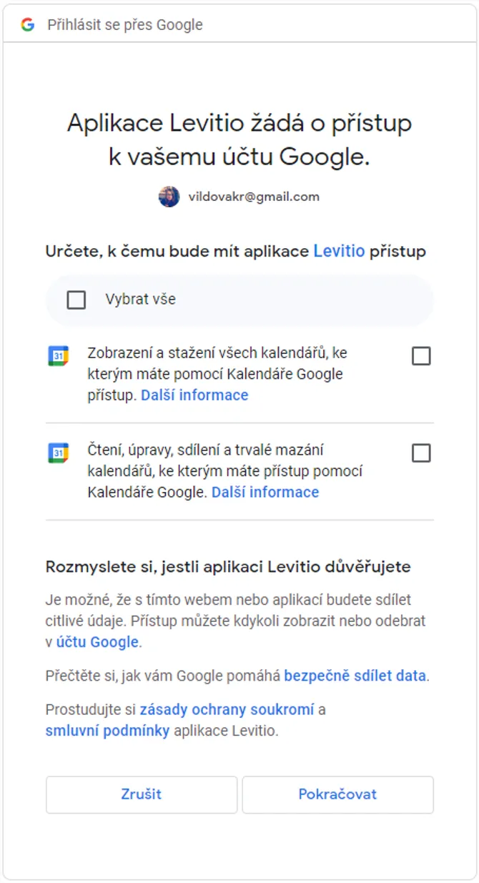 Přihlašovací okno Google, kde Levitio žádá o přístup ke kalendářům, s tlačítky „Zrušit“ a „Pokračovat“