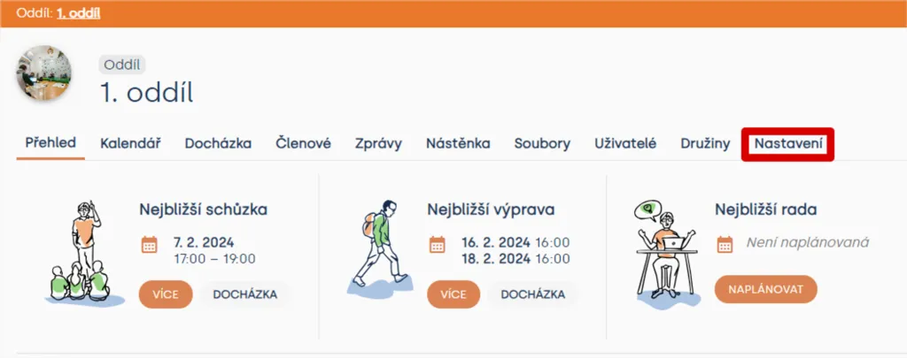 Přehled oddílu s červeně zvýrazněnou záložkou „Nastavení“ v horní nabídce