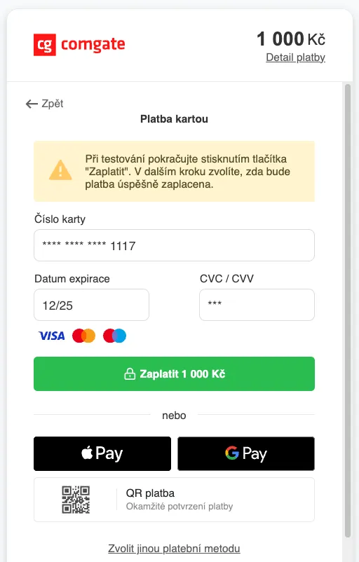 Platební brána Comgate s formulářem pro platbu kartou 1 000 Kč, tlačítky Apple Pay a Google Pay a QR platbou