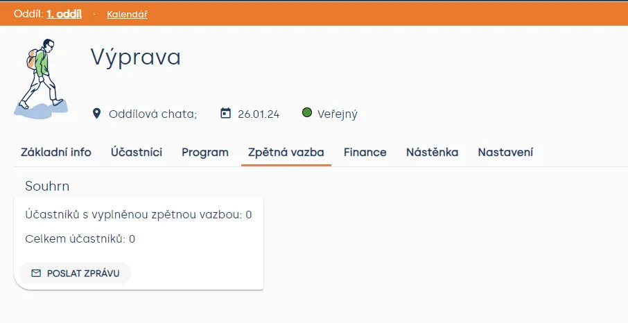 Záložka „Zpětná vazba“ akce „Výprava“ se souhrnem vyplněných odpovědí a tlačítkem „Poslat zprávu“