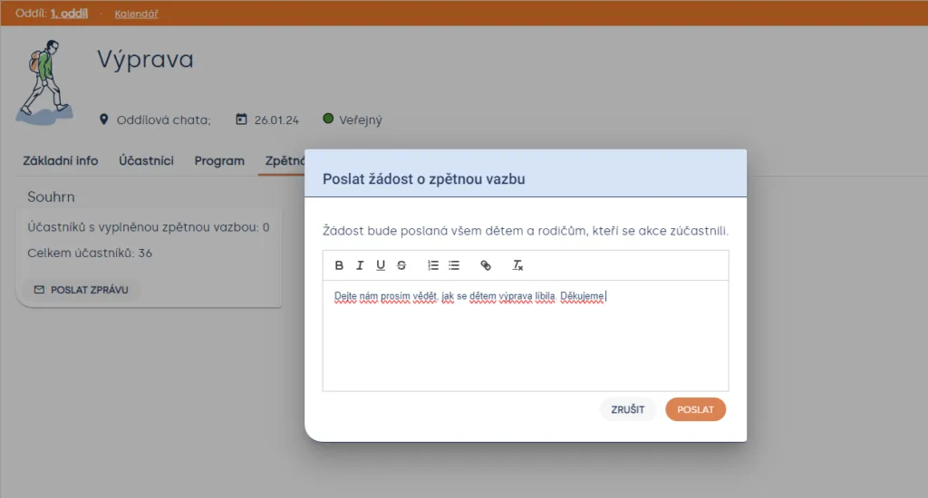 Okno „Poslat žádost o zpětnou vazbu“ s textem zprávy pro děti a rodiče a tlačítky „Zrušit“ a „Poslat“