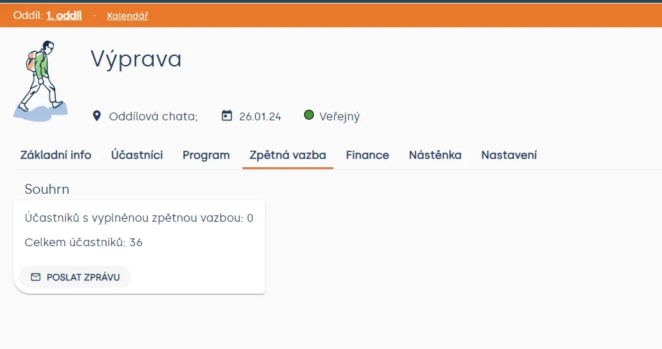 Souhrn zpětné vazby akce „Výprava“: 0 vyplněných odpovědí z 36 účastníků a tlačítko „Poslat zprávu“