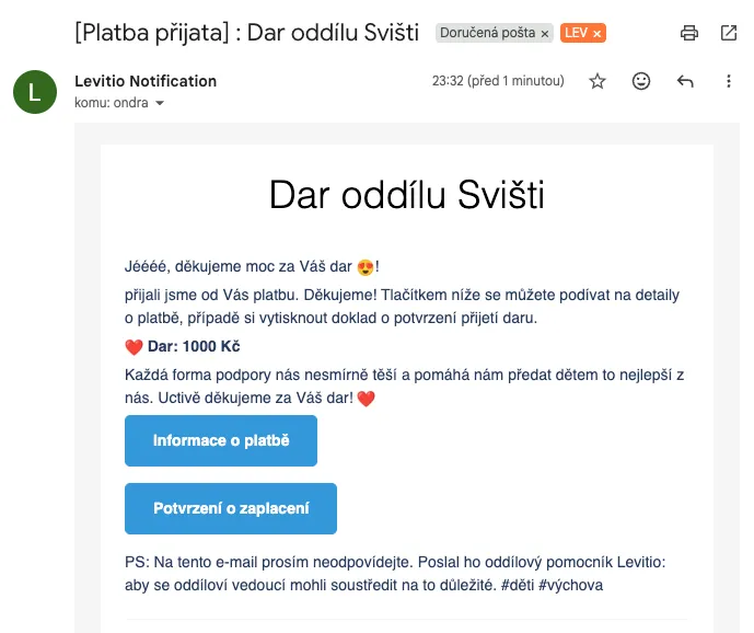 E-mail „Dar oddílu Svišti“ s poděkováním za dar a tlačítky „Informace o platbě“ a „Potvrzení o zaplacení“