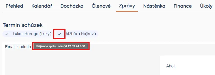 Zpráva v sekci Zprávy s fajfkou u příjemce a popiskem „Příjemce zprávu otevřel 17.09.24 8:51“