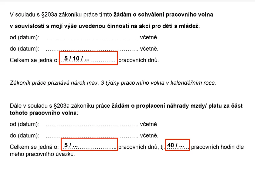 Úryvek žádosti o pracovní volno s červeně orámovanými poli pro počet pracovních dnů a hodin k ručnímu vyplnění