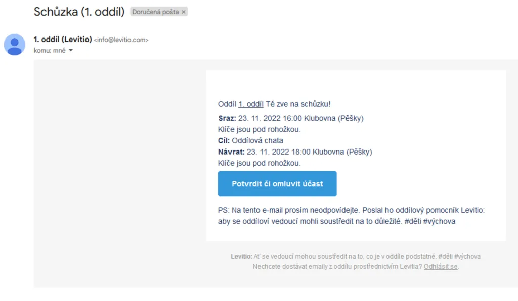 E-mail s pozvánkou na schůzku s časem a místem srazu, cílem, návratem a tlačítkem „Potvrdit či omluvit účast“