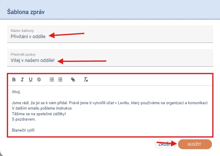 Formulář „Šablona zpráv“ s názvem šablony, předmětem zprávy, textem zprávy a tlačítkem „Uložit“
