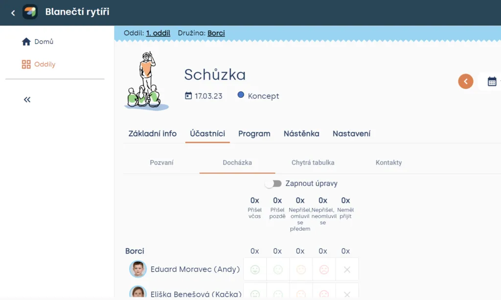 Docházka schůzky s vypnutým přepínačem „Zapnout úpravy“ a seznamem členů se sloupci pro stavy docházky