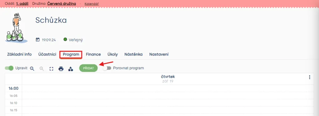 Záložka „Program“ akce „Schůzka“ s tlačítkem „Přidat“ pro přidání nové aktivity do programu