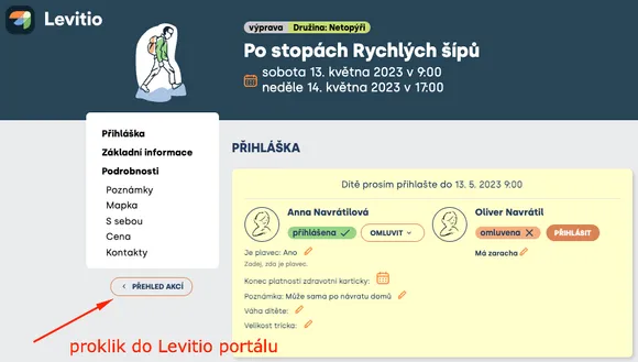 Stránka akce v rodičovském portálu s tlačítkem „Přehled akcí“ označeným šipkou jako proklik do portálu