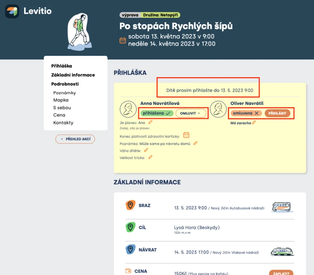 Detail akce „Po stopách Rychlých šípů“ s přihláškou: u jednoho dítěte „Omluvit“, u druhého „Přihlásit“