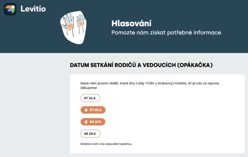 Stránka „Hlasování“ s termíny ST 24.5., ČT 25.5., SO 27.5. a NE 28.5., z nichž dva jsou vybrané