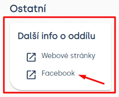 Karta „Další info o oddílu“ s odkazy „Webové stránky“ a „Facebook“ v sekci „Ostatní“