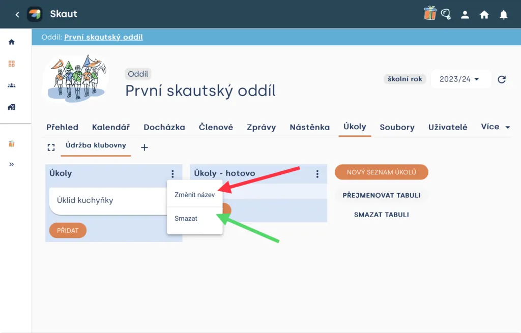 Nabídka u seznamu úkolů s volbami „Změnit název“ a „Smazat“ vedle tlačítek „Přejmenovat tabuli“ a „Smazat tabuli“