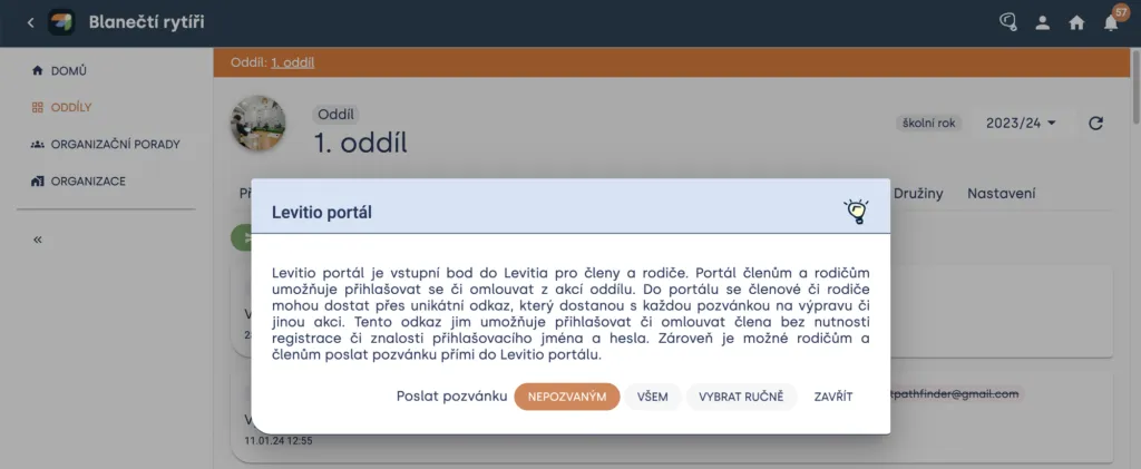 Okno „Levitio portál“ s popisem portálu a tlačítky pro pozvánku nepozvaným, všem nebo ručně vybraným