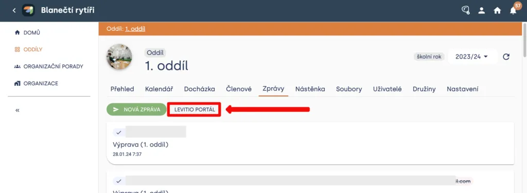 Sekce Zprávy oddílu s červeně označeným tlačítkem „Levitio portál“ vedle tlačítka „Nová zpráva“