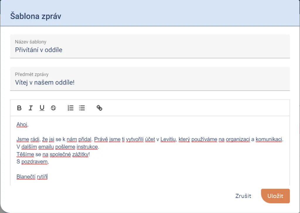 Formulář „Šablona zpráv“ s názvem šablony, předmětem a textem zprávy a tlačítky „Zrušit“ a „Uložit“