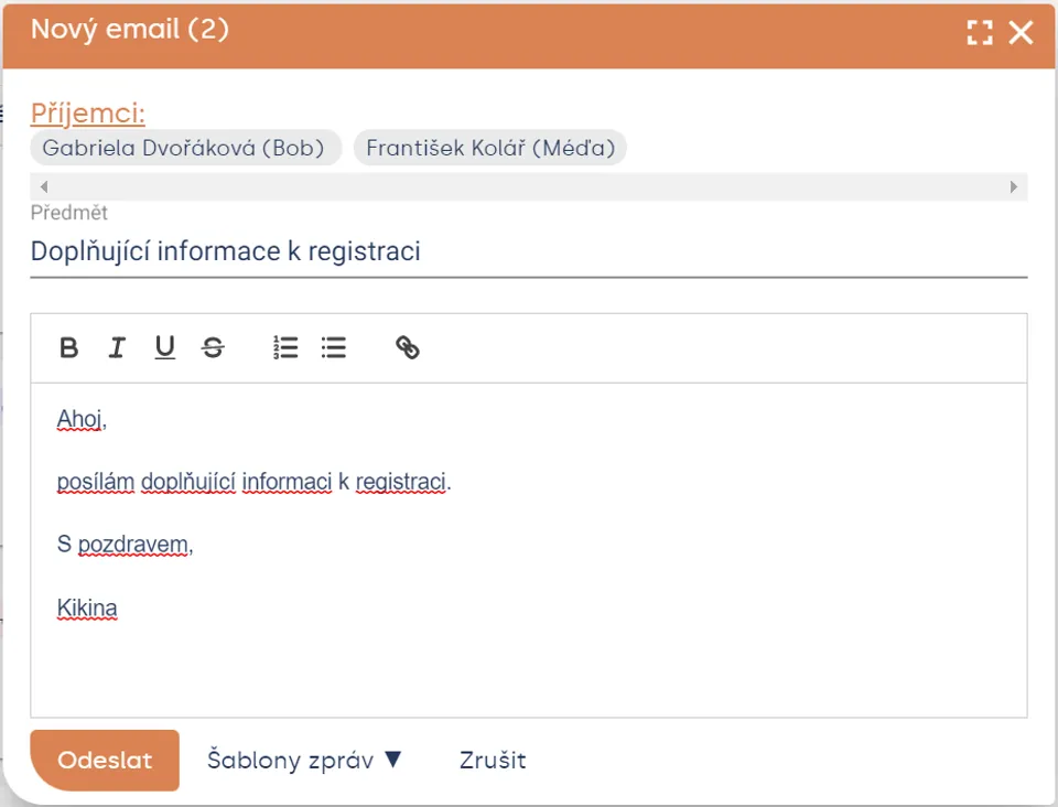 Okno „Nový email“ s vyplněnými příjemci, předmětem a textem a aktivním tlačítkem „Odeslat“