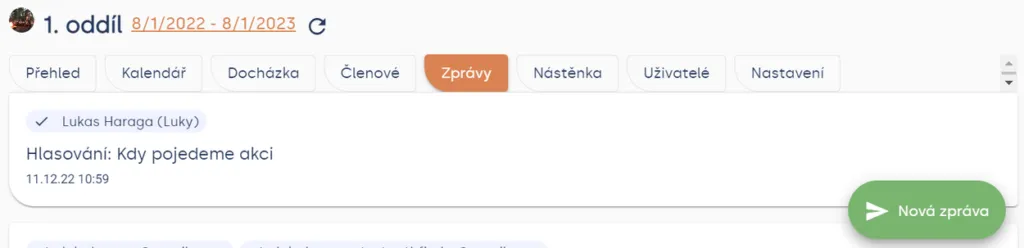 Záložka „Zprávy“ oddílu s historií odeslaných zpráv a zeleným tlačítkem „Nová zpráva“ vpravo dole