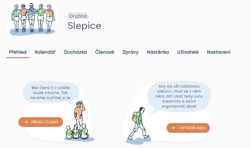 Přehled nové družiny Slepice s tlačítky „Přidej členy“ a „Vytvoř akci“