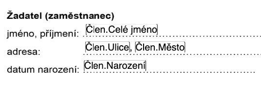 Část dokumentu „Žadatel (zaměstnanec)“ se zástupnými poli Člen.Celé jméno, Člen.Ulice, Člen.Město a Člen.Narození