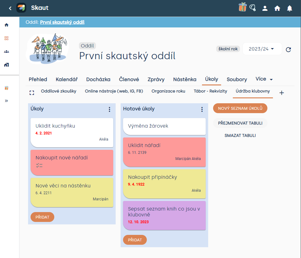 Úkolovník s termíny a přiřazenými lidmi